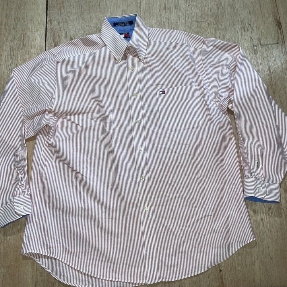 Vintage Tommy Hilfiger Button Down Shirt Men L Blue White Red Striped Flag